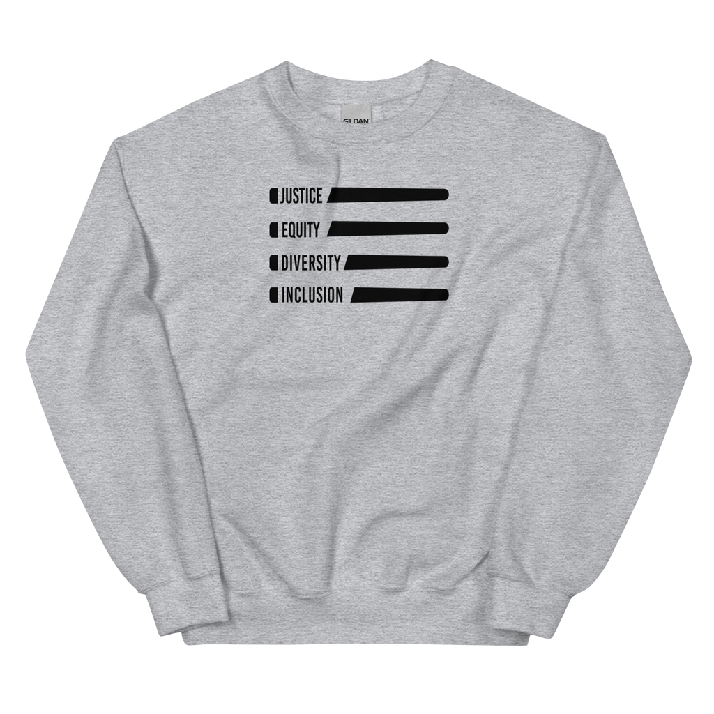 A sport grey Justice Equity Diversity Inclusion Flag Sweatshirt. Four black laser swords are placed horizontally in the middle of the sweatshirt, similar to a flag. On the left-hand side of each sword, in the place of the handle, is one word: Justice Equity Diversity Inclusion.