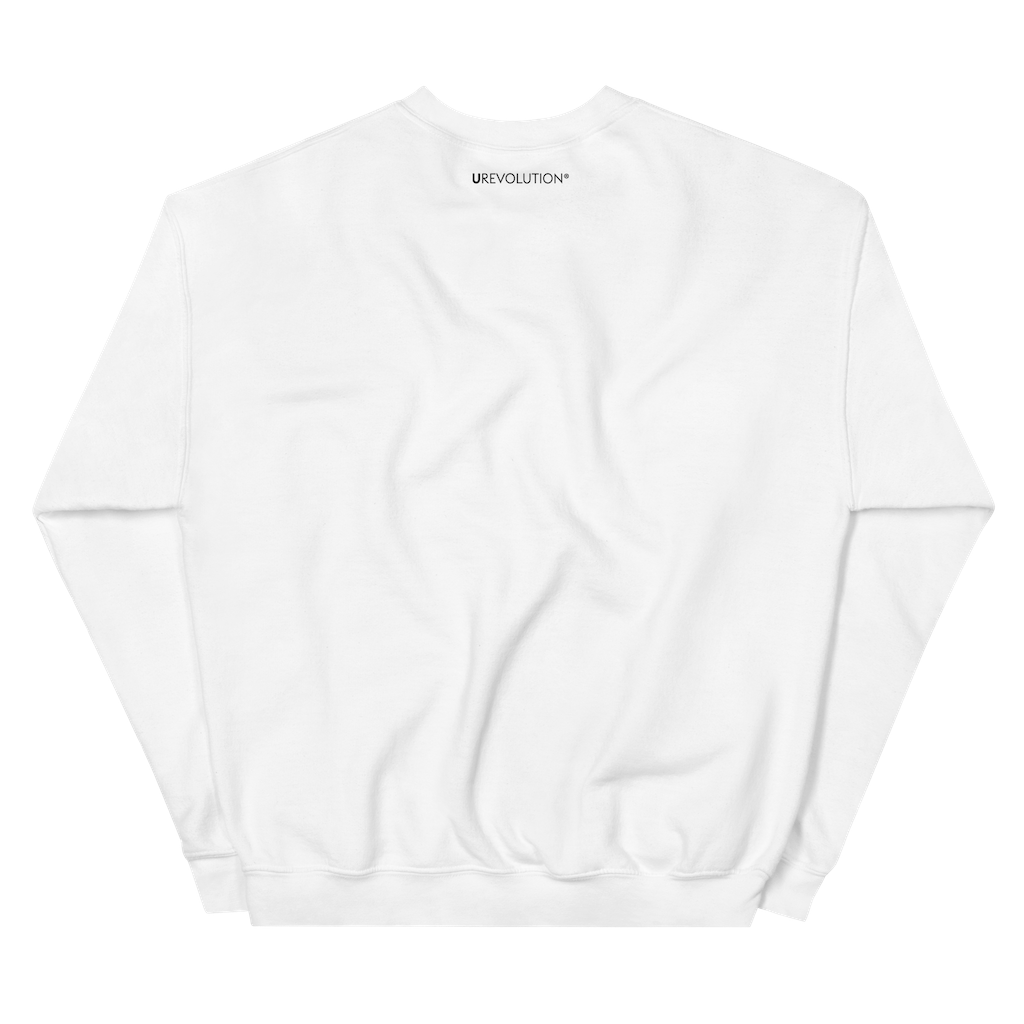 Printed on the back of the Justice Equity Diversity Inclusion Flag Sweatshirt, just beneath the collar, is the word UREVOLUTION in small upper case bold font.