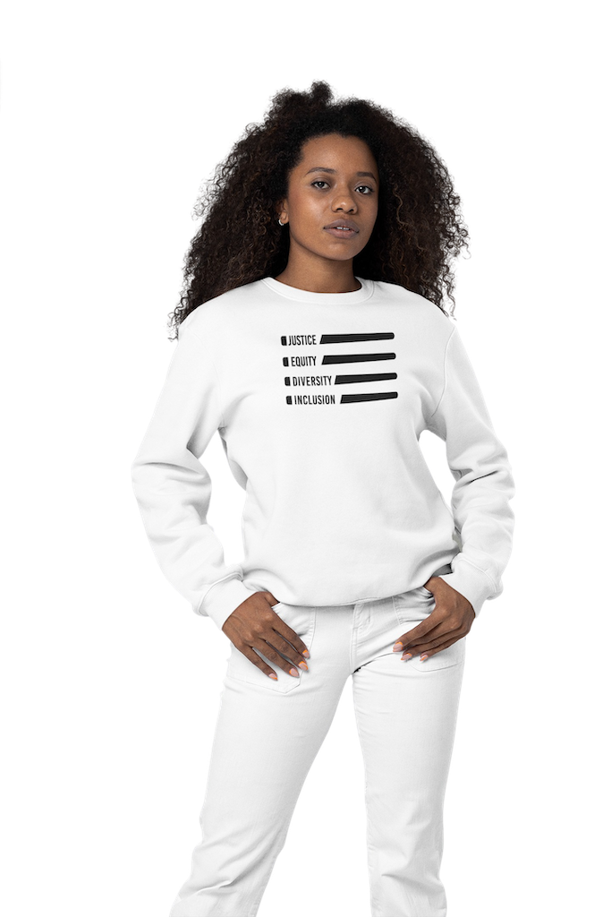 A white Justice Equity Diversity Inclusion Flag Sweatshirt. Four black laser swords are placed horizontally in the middle of the sweatshirt, similar to a flag. On the left-hand side of each sword, in the place of the handle, is one word: Justice Equity Diversity Inclusion. The sweatshirt is worn by a model.