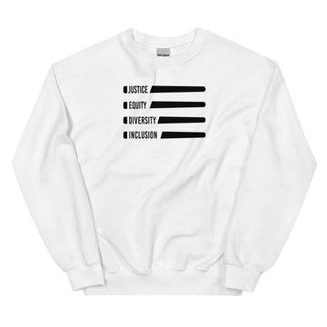 A white Justice Equity Diversity Inclusion Flag Sweatshirt. Four black laser swords are placed horizontally in the middle of the sweatshirt, similar to a flag. On the left-hand side of each sword, in the place of the handle, is one word: Justice Equity Diversity Inclusion.