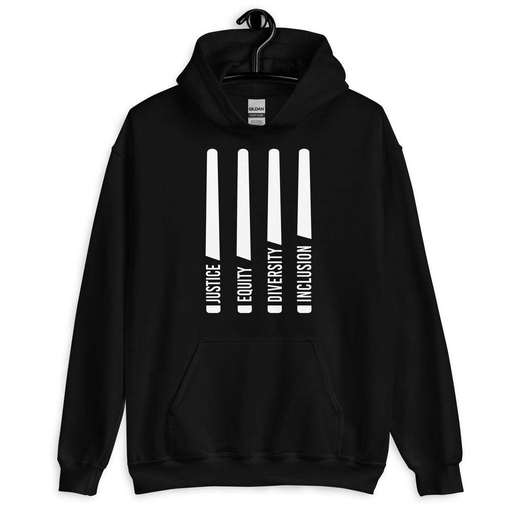 This is a photo of a classic black JEDI hoodie. In the middle of the front of the JEDI hoodie are four white laser swords. At the bottom of each sword, in the handle, is one word: Justice Equity Diversity Inclusion.