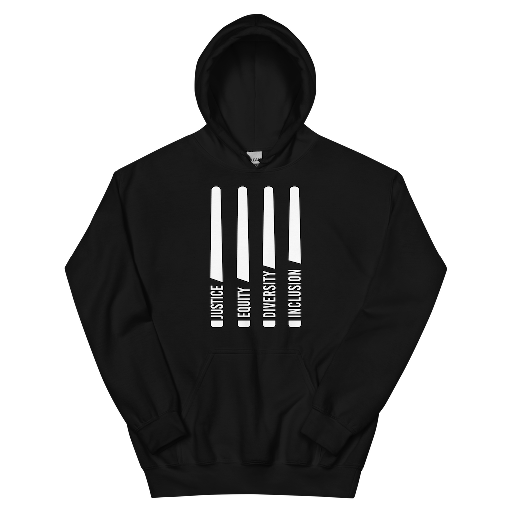This is a photo of a classic black JEDI hoodie. In the middle of the front of the JEDI hoodie are four white laser swords. At the bottom of each sword, in the handle, is one word: Justice Equity Diversity Inclusion.