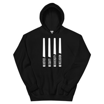 This is a photo of a classic black JEDI hoodie. In the middle of the front of the JEDI hoodie are four white laser swords. At the bottom of each sword, in the handle, is one word: Justice Equity Diversity Inclusion.
