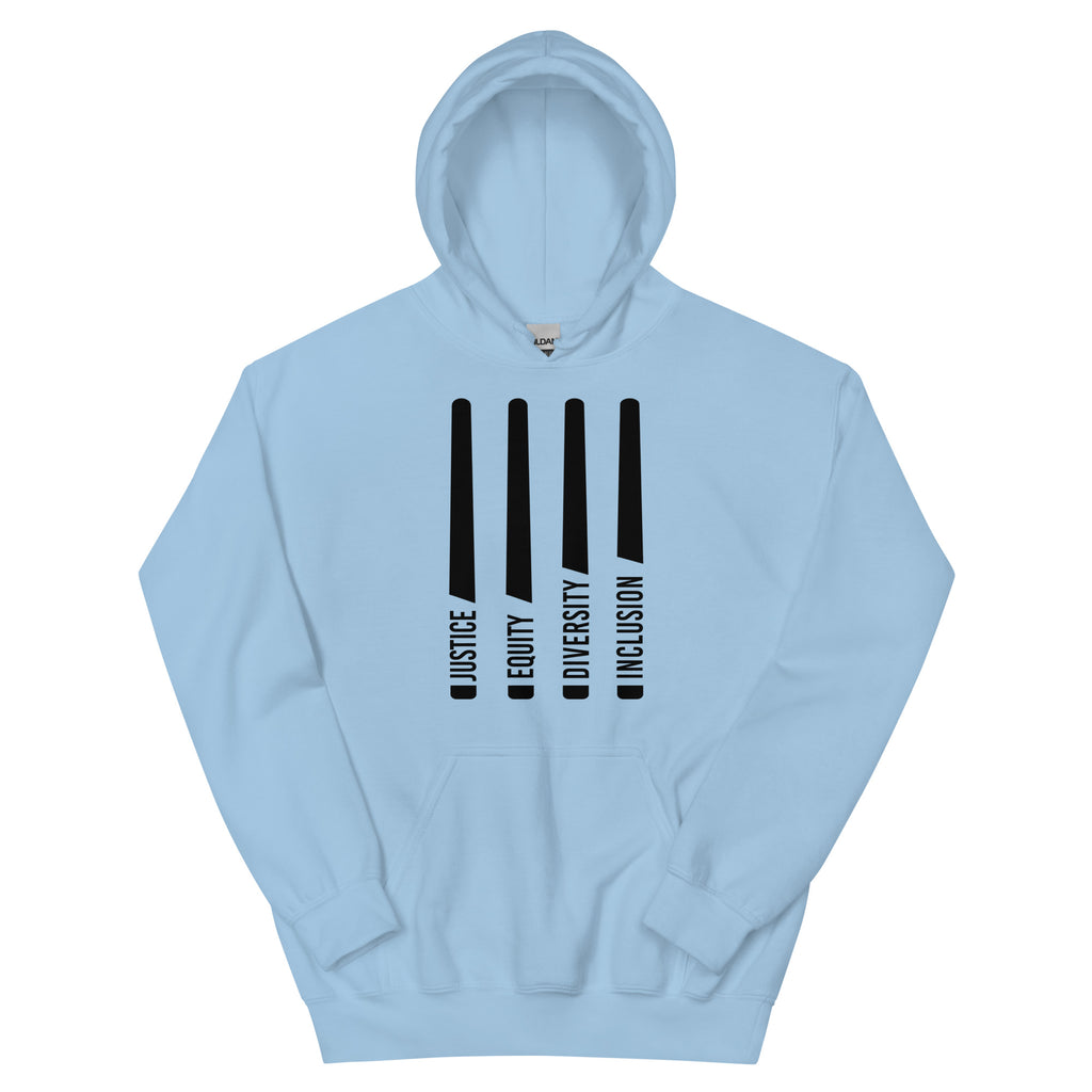 This is a photo of a classic light blue JEDI hoodie. In the middle of the front of the JEDI hoodie are four black laser swords. At the bottom of each sword, in the handle, is one word: Justice Equity Diversity Inclusion.