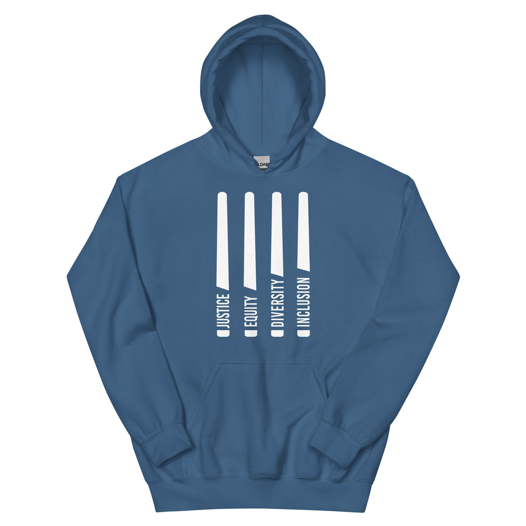 This is a photo of a classic indigo blue JEDI hoodie. In the middle of the front of the JEDI hoodie are four white laser swords. At the bottom of each sword, in the handle, is one word: Justice Equity Diversity Inclusion.