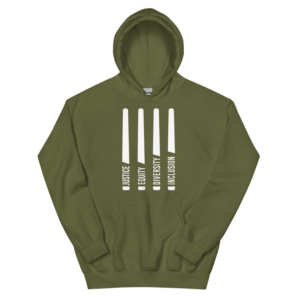 This is a photo of a classic military green JEDI hoodie. In the middle of the front of the JEDI hoodie are four white laser swords. At the bottom of each sword, in the handle, is one word: Justice Equity Diversity Inclusion. 