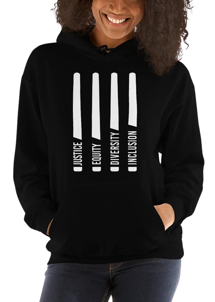 This is a photo of a classic black JEDI hoodie. In the middle of the front of the JEDI hoodie are four white laser swords. At the bottom of each sword, in the handle, is one word: Justice Equity Diversity Inclusion. The justice equity diversity inclusion hoodie is worn by a model.