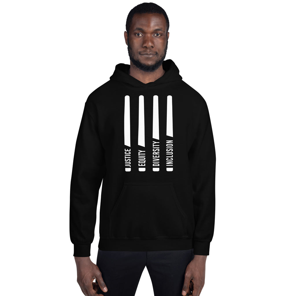 This is a photo of a classic black JEDI hoodie. In the middle of the front of the JEDI hoodie are four white laser swords. At the bottom of each sword, in the handle, is one word: Justice Equity Diversity Inclusion.