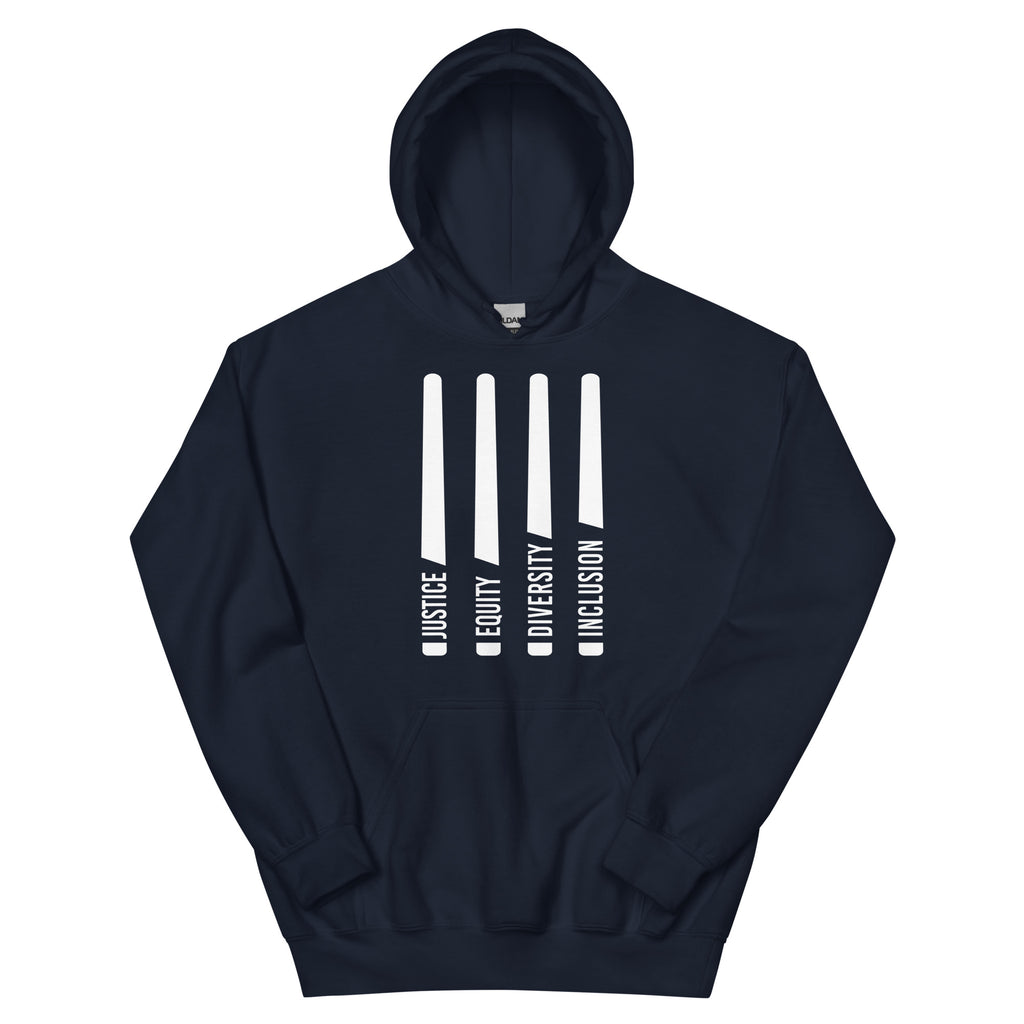 This is a photo of a classic navy JEDI hoodie. In the middle of the front of the JEDI hoodie are four white laser swords. At the bottom of each sword, in the handle, is one word: Justice Equity Diversity Inclusion.