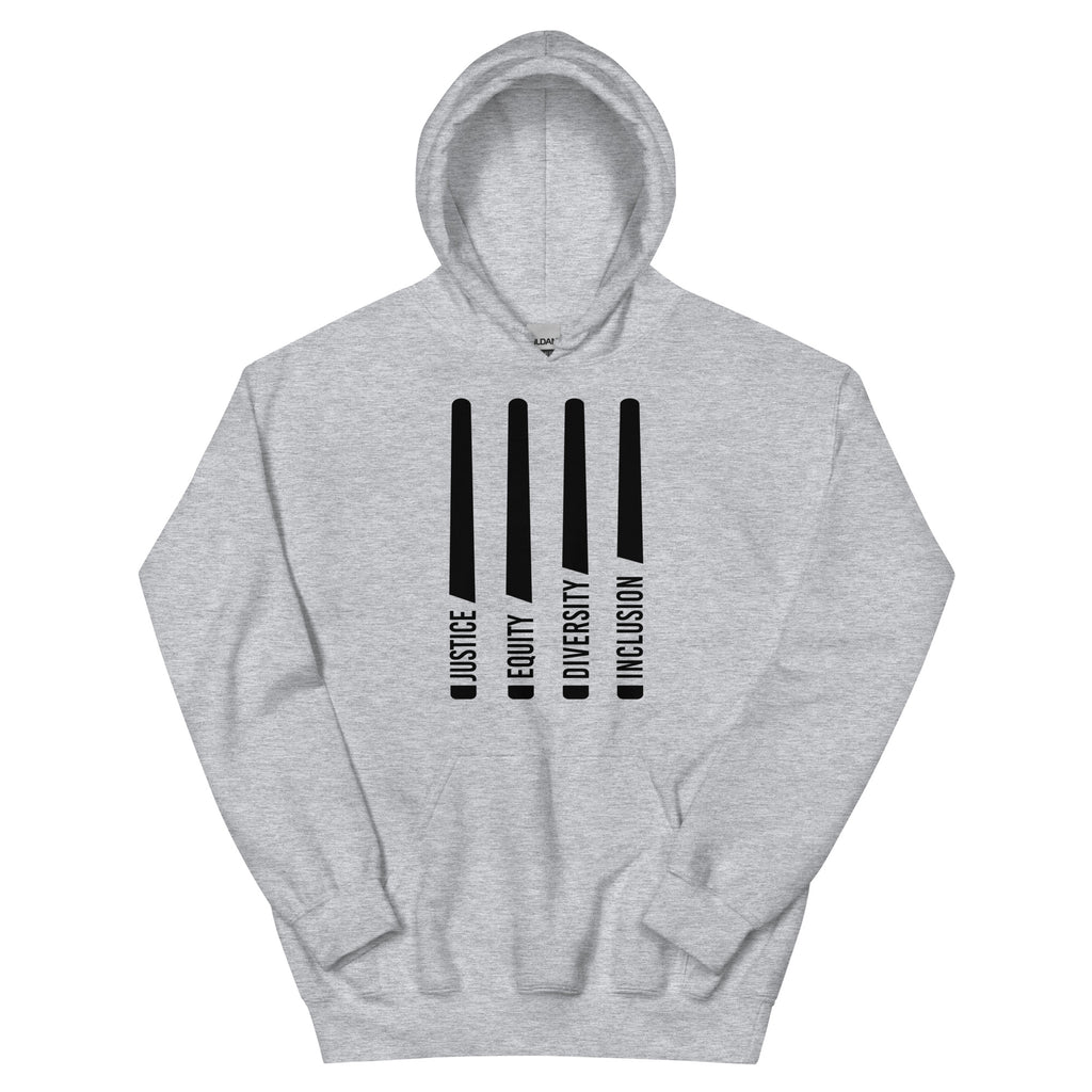 This is a photo of a classic sport grey JEDI hoodie. In the middle of the front of the JEDI hoodie are four black laser swords. At the bottom of each sword, in the handle, is one word: Justice Equity Diversity Inclusion.