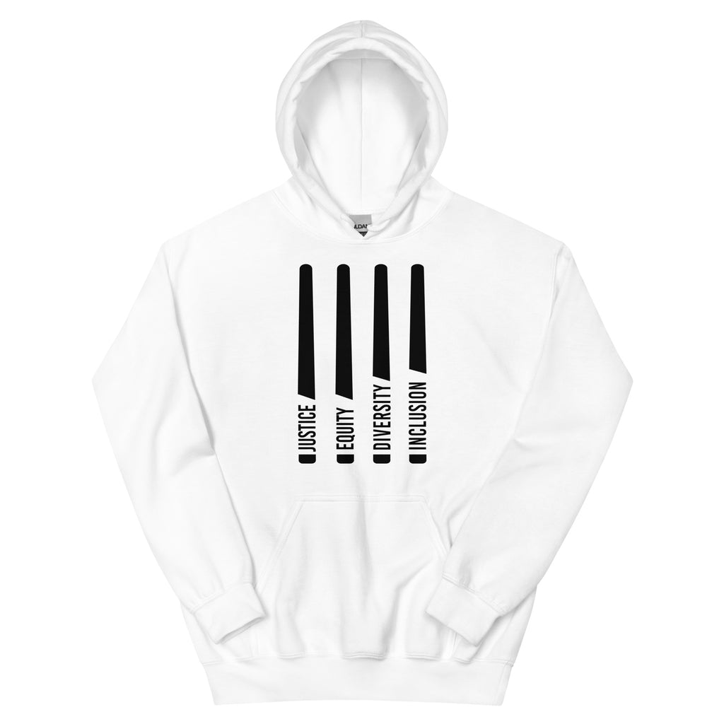 This is a photo of a classic white JEDI hoodie. In the middle of the front of the JEDI hoodie are four black laser swords. At the bottom of each sword, in the handle, is one word: Justice Equity Diversity Inclusion.