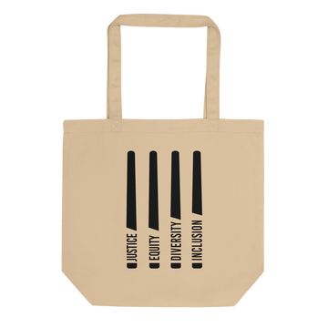 This is a natural Justice Equity Diversity Inclusion organic tote bag. Four black laser swords are placed vertically in the middle of the tote, similar to a flag. On the left-hand side of each sword, in the place of the handle, is one word: Justice Equity Diversity Inclusion.