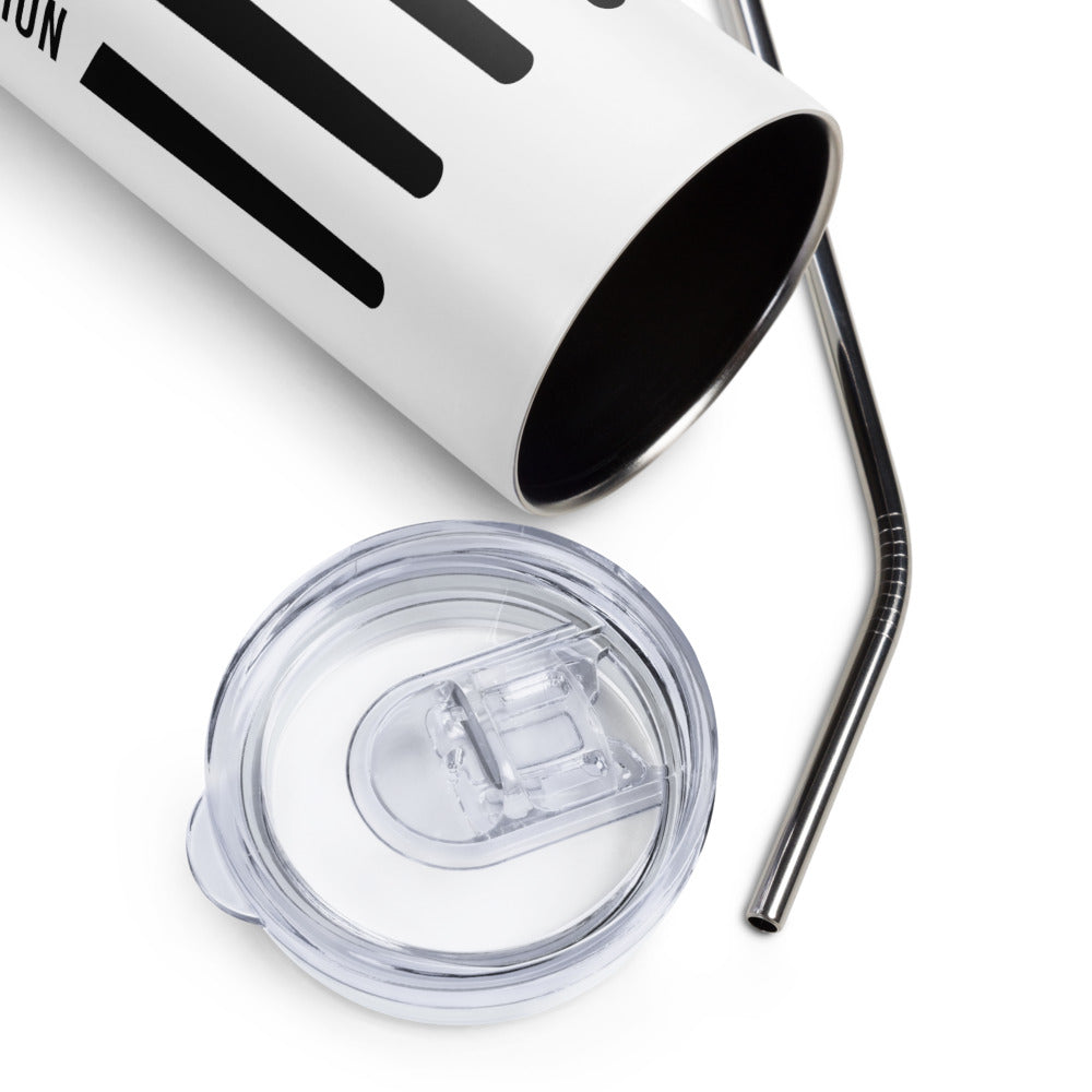 Justice Equity Diversity Inclusion Stainless Steel Travel Mug. The mug has a stainless steel straw and plastic lid. Four black swords are in the middle of the front of the mug. One word at the bottom of each blade represents the sword handle: Justice Equity Diversity Inclusion.