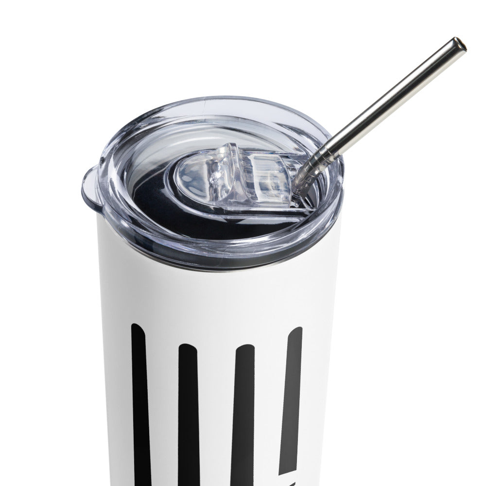 Justice Equity Diversity Inclusion Stainless Steel Travel Mug. The mug has a stainless steel straw and plastic lid. Four black swords are in the middle of the front of the mug. One word at the bottom of each blade represents the sword handle: Justice Equity Diversity Inclusion.