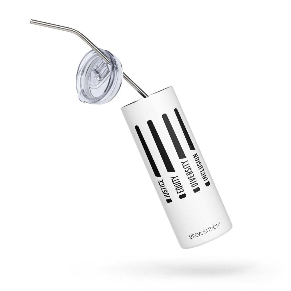 Justice Equity Diversity Inclusion Stainless Steel Travel Mug. The mug has a stainless steel straw and plastic lid. Four black swords are in the middle of the front of the mug. One word at the bottom of each blade represents the sword handle: Justice Equity Diversity Inclusion.