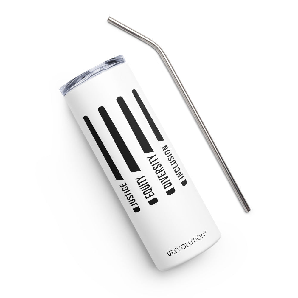 Justice Equity Diversity Inclusion Stainless Steel Travel Mug. The mug has a stainless steel straw and plastic lid. Four black swords are in the middle of the front of the mug. One word at the bottom of each blade represents the sword handle: Justice Equity Diversity Inclusion.