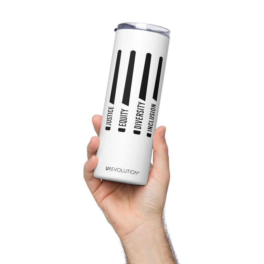 Justice Equity Diversity Inclusion Stainless Steel Travel Mug. The mug has a stainless steel straw and plastic lid. Four black swords are in the middle of the front of the mug. One word at the bottom of each blade represents the sword handle: Justice Equity Diversity Inclusion. The mug is held in a person's hand
