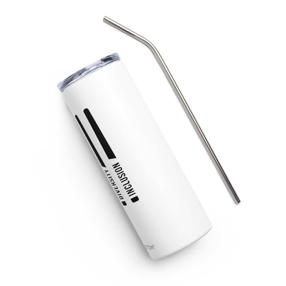 Justice Equity Diversity Inclusion Stainless Steel Travel Mug. The mug has a stainless steel straw and plastic lid. Four black swords are in the middle of the front of the mug. One word at the bottom of each blade represents the sword handle: Justice Equity Diversity Inclusion.