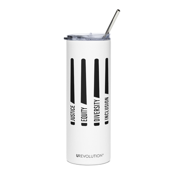 Justice Equity Diversity Inclusion Stainless Steel Travel Mug. The mug has a stainless steel straw and plastic lid. Four black swords are in the middle of the front of the mug. One word at the bottom of each blade represents the sword handle: Justice Equity Diversity Inclusion.