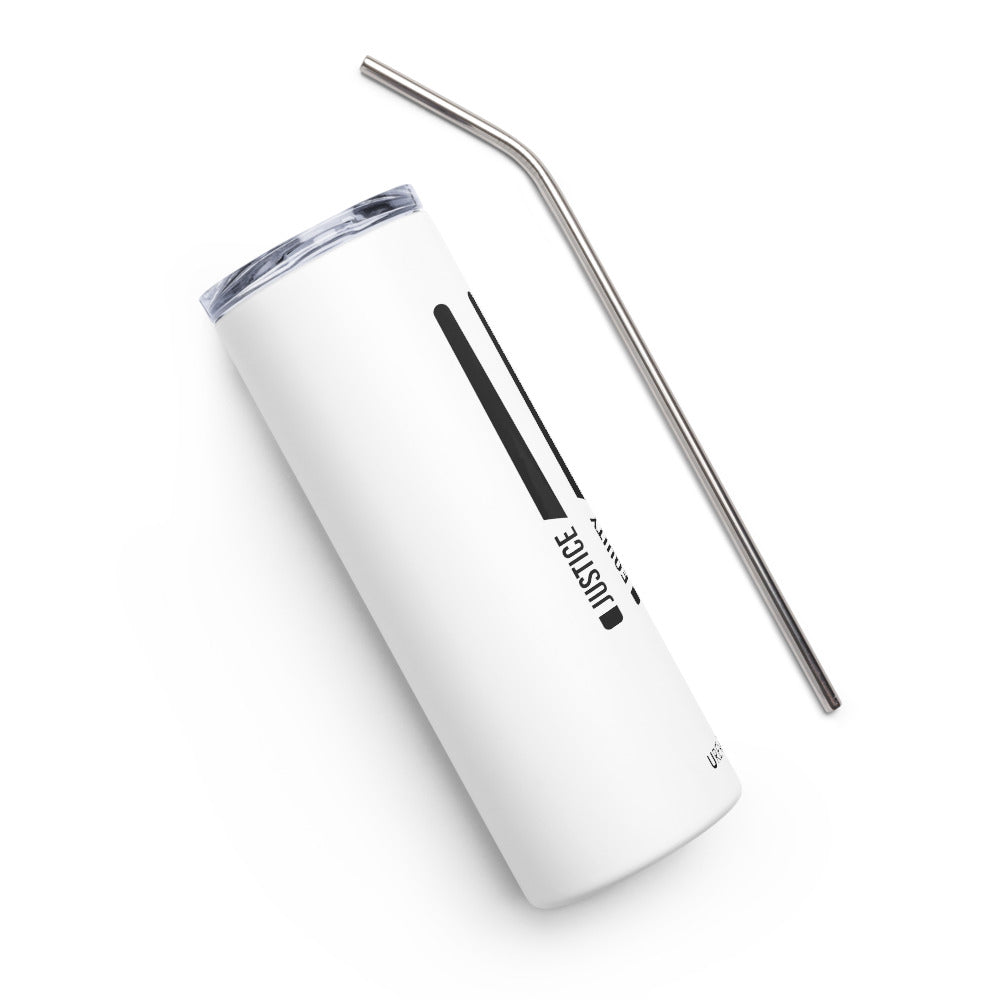 Justice Equity Diversity Inclusion Stainless Steel Travel Mug. The mug has a stainless steel straw and plastic lid. Four black swords are in the middle of the front of the mug. One word at the bottom of each blade represents the sword handle: Justice Equity Diversity Inclusion.