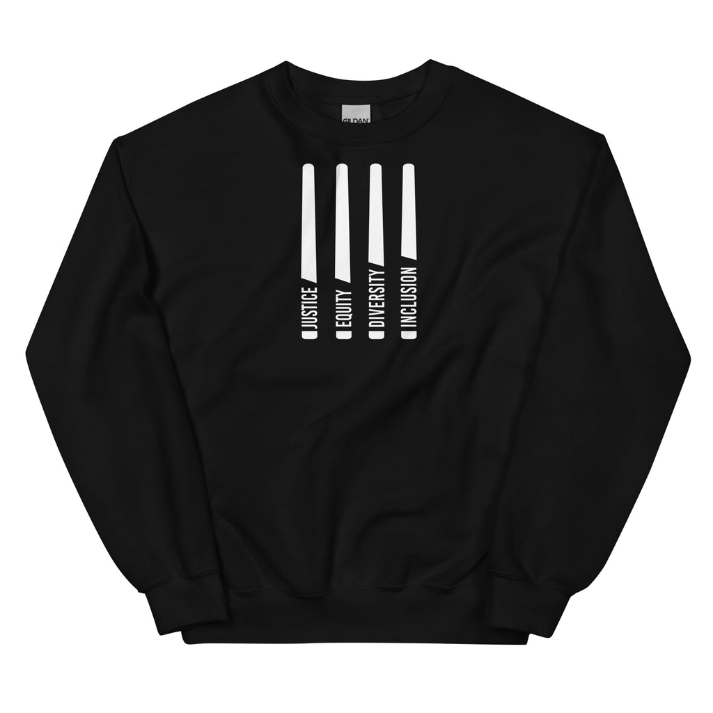 A black Justice Equity Diversity Inclusion sweatshirt. Four white laser swords are in the middle of the sweatshirt. At the bottom of each sword representing the sword handle is one word: Justice Equity Diversity Inclusion.