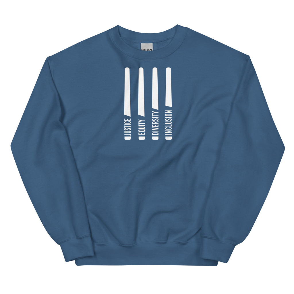 An indigo blue Justice Equity Diversity Inclusion sweatshirt. Four white laser swords are in the middle of the sweatshirt. At the bottom of each sword representing the sword handle is one word: Justice Equity Diversity Inclusion.