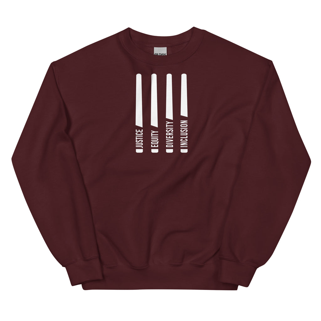 A maroon Justice Equity Diversity Inclusion sweatshirt. Four white laser swords are in the middle of the sweatshirt. At the bottom of each sword representing the sword handle is one word: Justice Equity Diversity Inclusion.