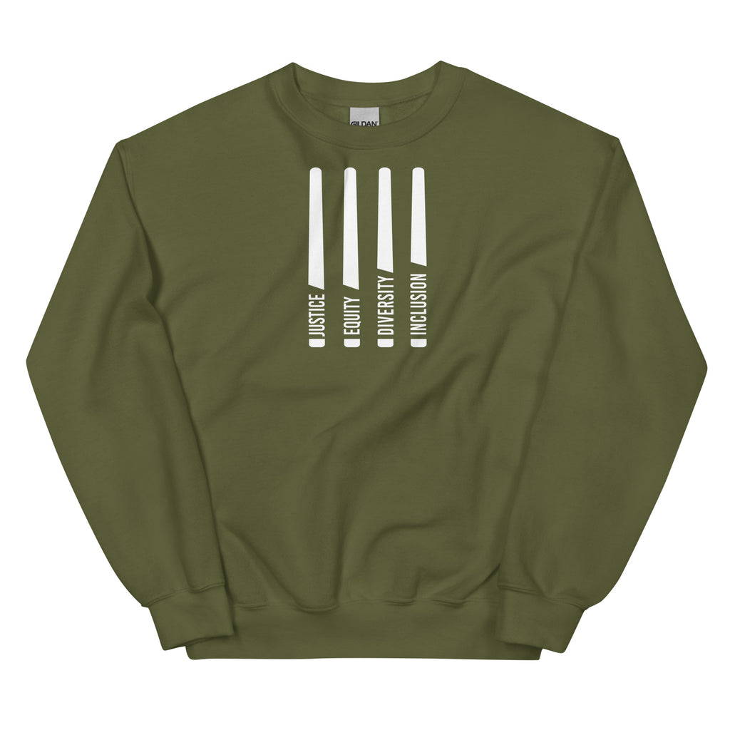 A military green Justice Equity Diversity Inclusion sweatshirt. Four white laser swords are in the middle of the sweatshirt. At the bottom of each sword representing the sword handle is one word: Justice Equity Diversity Inclusion.