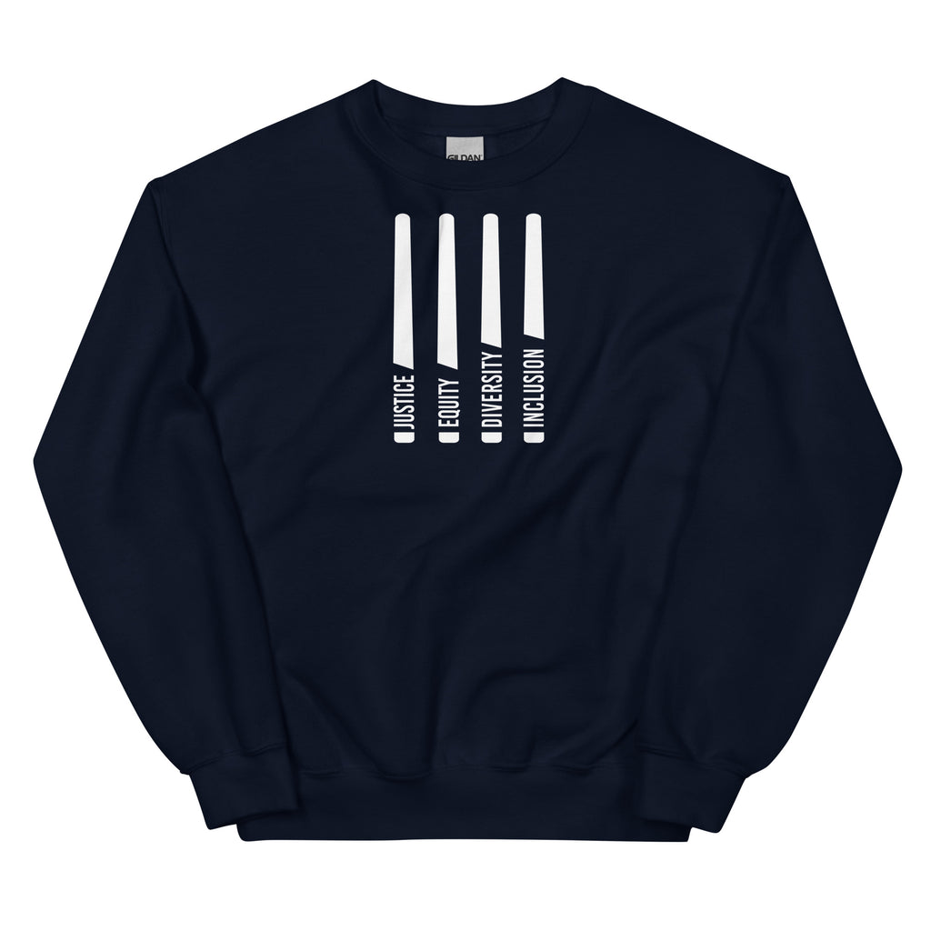 A navy Justice Equity Diversity Inclusion sweatshirt. Four white laser swords are in the middle of the sweatshirt. At the bottom of each sword representing the sword handle is one word: Justice Equity Diversity Inclusion.