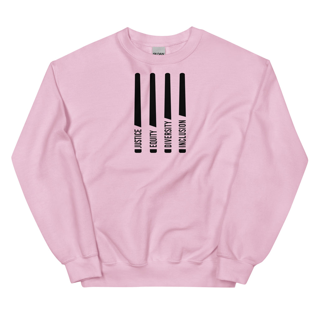 A pink Justice Equity Diversity Inclusion sweatshirt. Four black laser swords are in the middle of the sweatshirt. At the bottom of each sword representing the sword handle is one word: Justice Equity Diversity Inclusion.