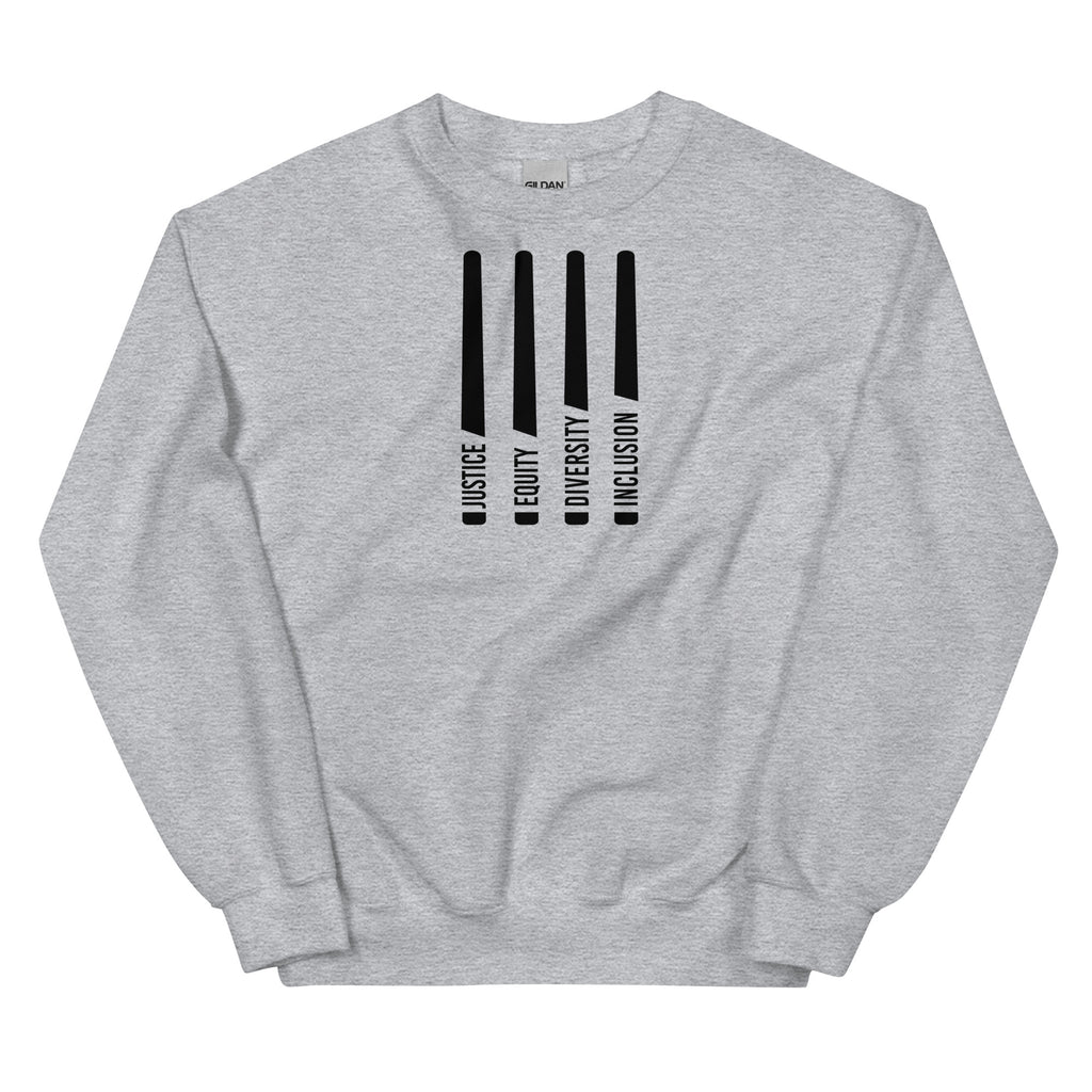A sport grey Justice Equity Diversity Inclusion sweatshirt. Four white laser swords are in the middle of the sweatshirt. At the bottom of each sword representing the sword handle is one word: Justice Equity Diversity Inclusion.