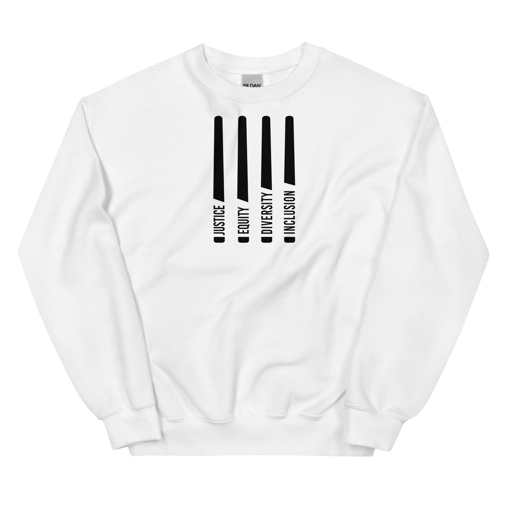 A white Justice Equity Diversity Inclusion sweatshirt. Four black laser swords are in the middle of the sweatshirt. At the bottom of each sword representing the sword handle is one word: Justice Equity Diversity Inclusion.