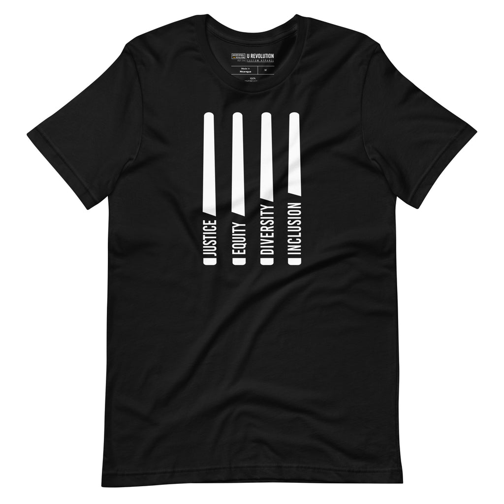 A black Justice Equity Diversity Inclusion t-shirt. Four black laser swords are in the middle of the shirt. At the bottom of each sword representing the sword, handle is one word: Justice Equity Diversity Inclusion.
