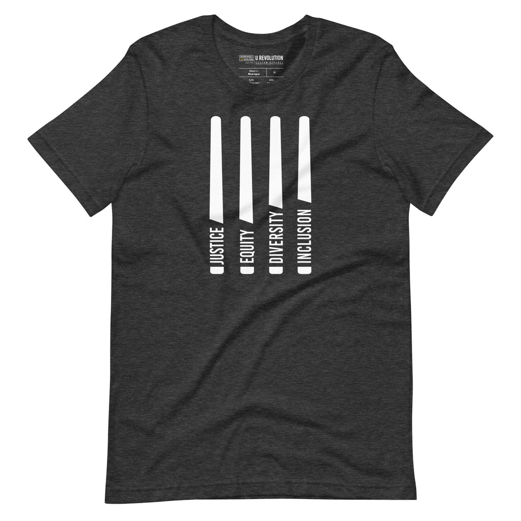 A dark grey heather Justice Equity Diversity Inclusion t-shirt. Four black laser swords are in the middle of the shirt. At the bottom of each sword representing the sword, handle is one word: Justice Equity Diversity Inclusion.