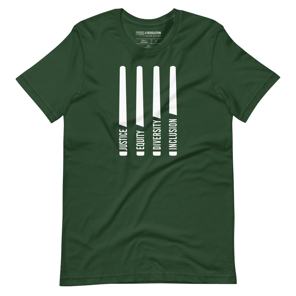 A forest Justice Equity Diversity Inclusion t-shirt. Four black laser swords are in the middle of the shirt. At the bottom of each sword representing the sword, handle is one word: Justice Equity Diversity Inclusion.
