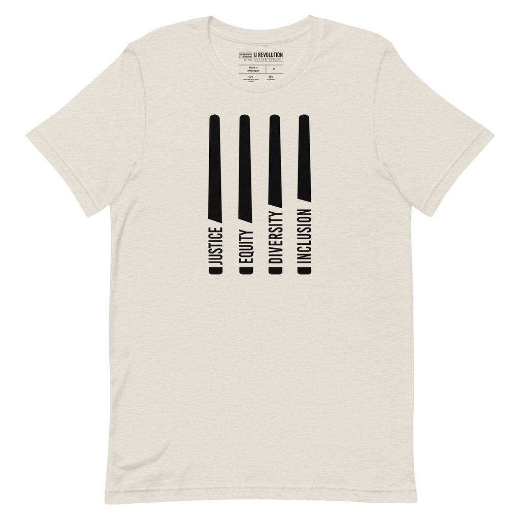 A heather dust Justice Equity Diversity Inclusion t-shirt. Four black laser swords are in the middle of the shirt. At the bottom of each sword representing the sword, handle is one word: Justice Equity Diversity Inclusion.