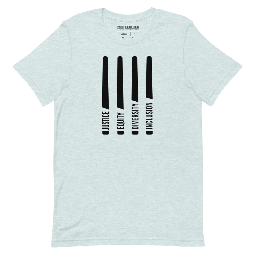 A heather prism ice-blue Justice Equity Diversity Inclusion t-shirt. Four black laser swords are in the middle of the shirt. At the bottom of each sword representing the sword, handle is one word: Justice Equity Diversity Inclusion.