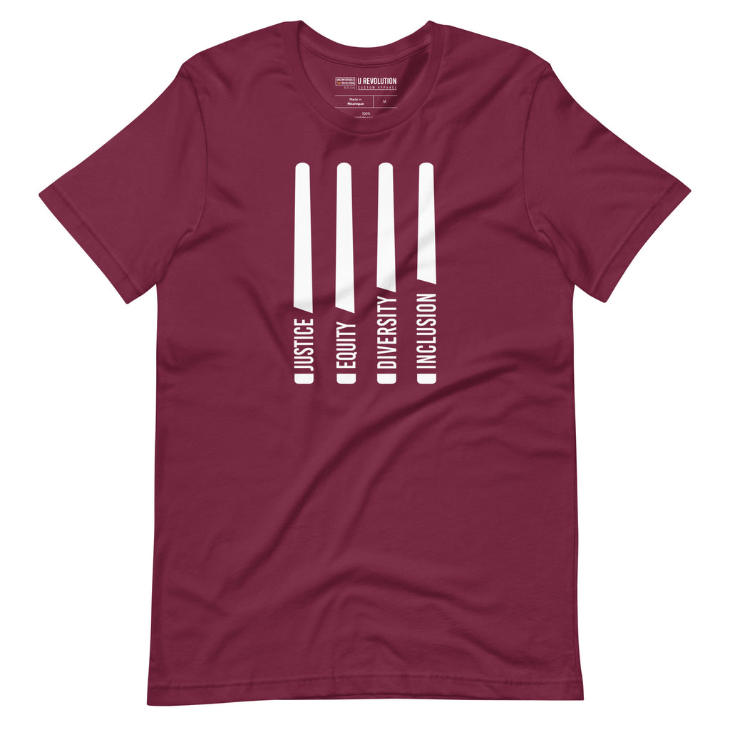 A maroon Justice Equity Diversity Inclusion t-shirt. Four black laser swords are in the middle of the shirt. At the bottom of each sword representing the sword, handle is one word: Justice Equity Diversity Inclusion.