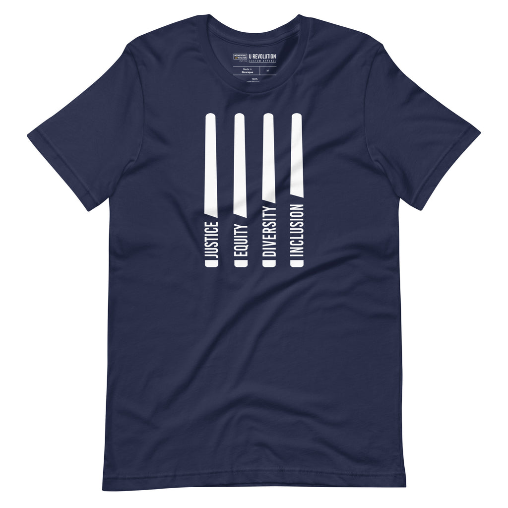 A navy Justice Equity Diversity Inclusion t-shirt. Four black laser swords are in the middle of the shirt. At the bottom of each sword representing the sword, handle is one word: Justice Equity Diversity Inclusion.