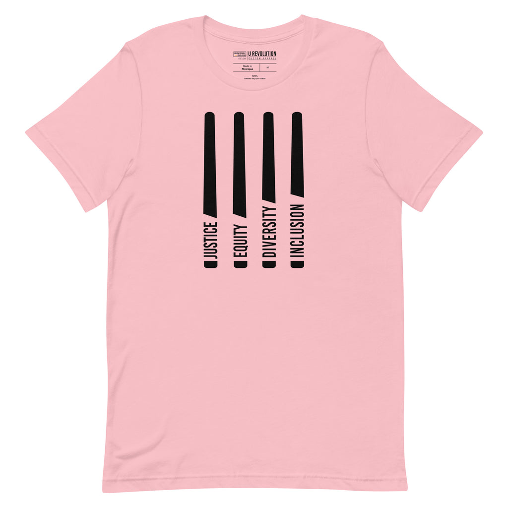 A pink Justice Equity Diversity Inclusion t-shirt. Four black laser swords are in the middle of the shirt. At the bottom of each sword representing the sword, handle is one word: Justice Equity Diversity Inclusion.