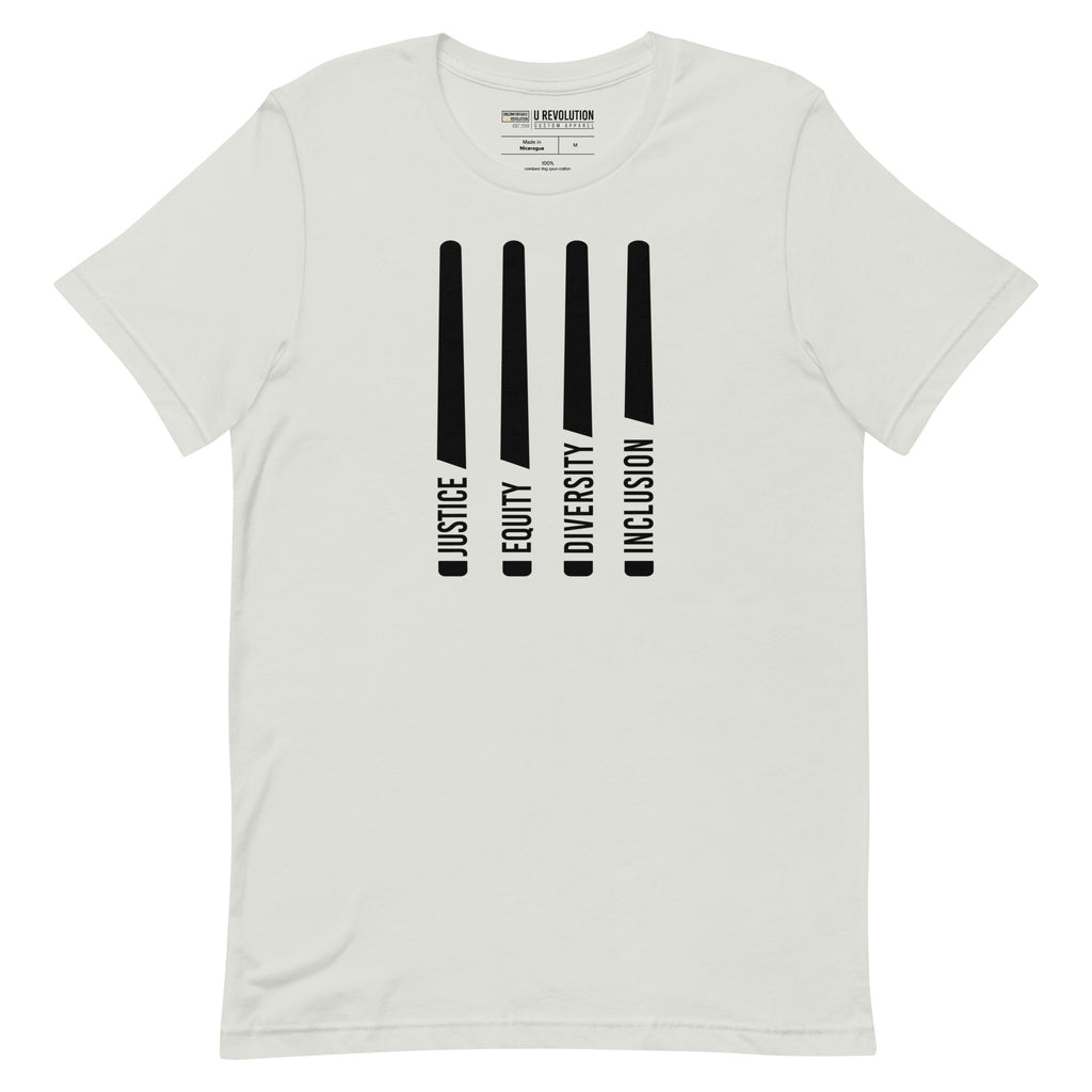 A silver Justice Equity Diversity Inclusion t-shirt. Four black laser swords are in the middle of the shirt. At the bottom of each sword representing the sword, handle is one word: Justice Equity Diversity Inclusion.