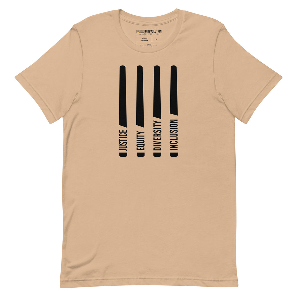 A tan Justice Equity Diversity Inclusion t-shirt. Four black laser swords are in the middle of the shirt. At the bottom of each sword representing the sword, handle is one word: Justice Equity Diversity Inclusion.