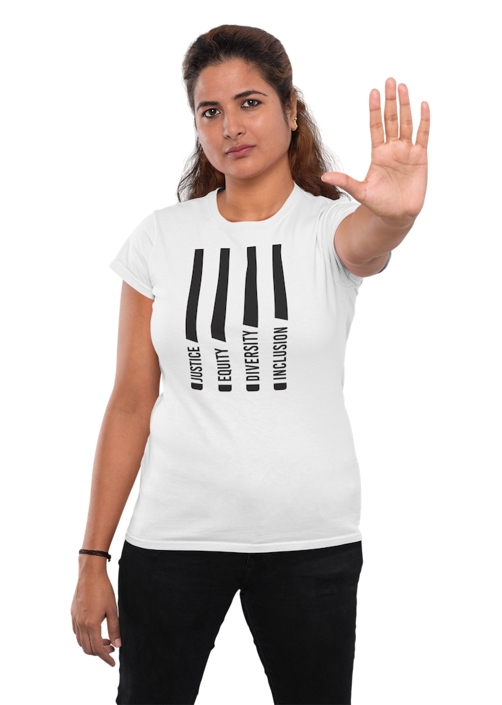 A white Justice Equity Diversity Inclusion t-shirt. Four black laser swords are in the middle of the shirt. At the bottom of each sword representing the sword, handle is one word: Justice Equity Diversity Inclusion. The shirt is worn by a model with the left arm stretched out.