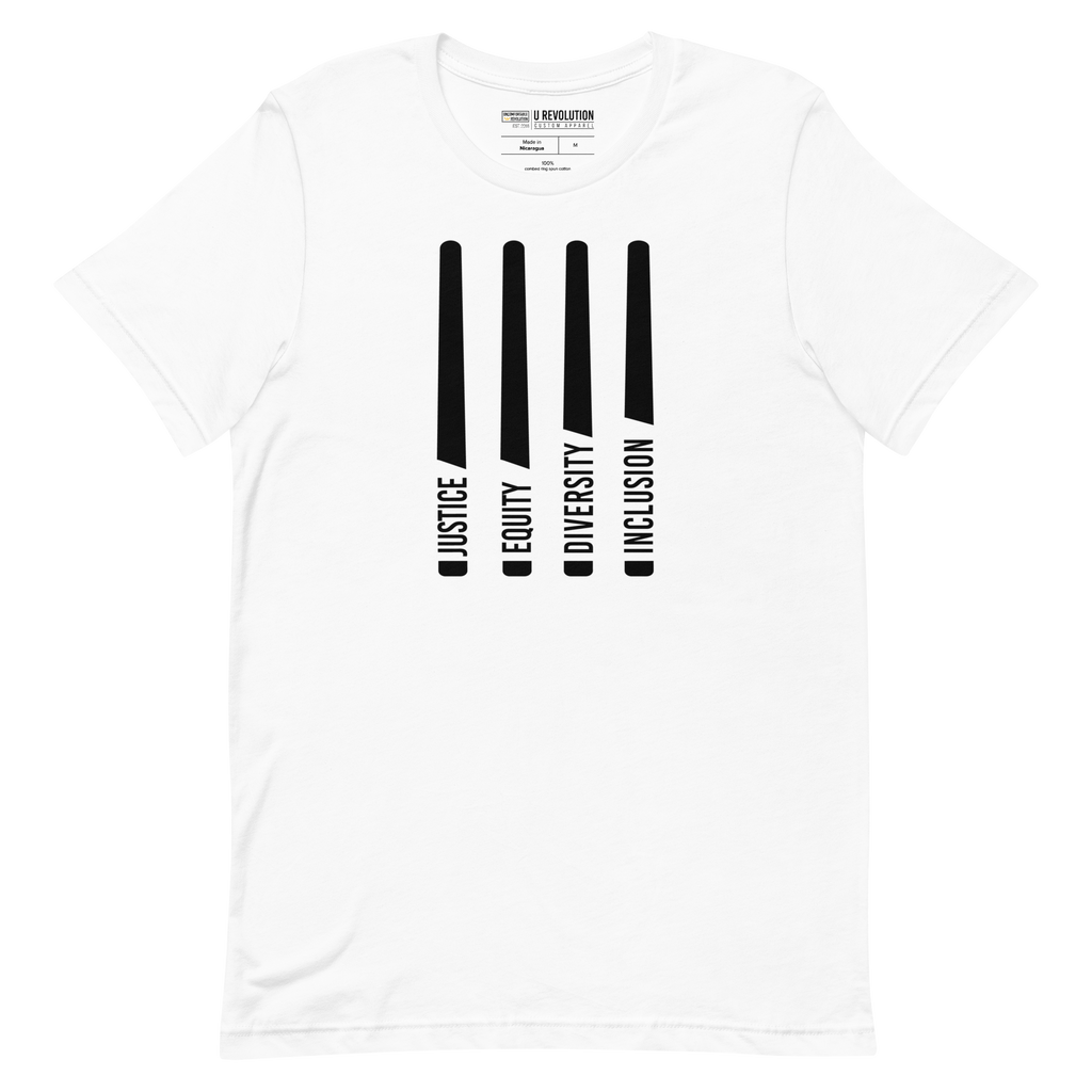 A white Justice Equity Diversity Inclusion t-shirt. Four black laser swords are in the middle of the shirt. At the bottom of each sword representing the sword, handle is one word: Justice Equity Diversity Inclusion.