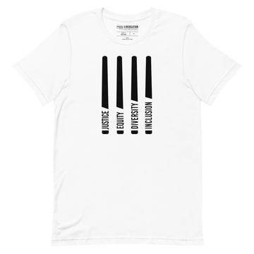 A white Justice Equity Diversity Inclusion t-shirt. Four black laser swords are in the middle of the shirt. At the bottom of each sword representing the sword, handle is one word: Justice Equity Diversity Inclusion.