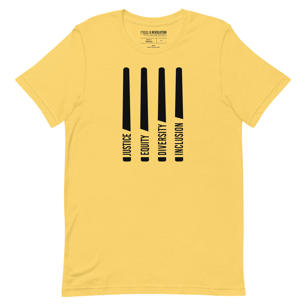 A yellow Justice Equity Diversity Inclusion t-shirt. Four black laser swords are in the middle of the shirt. At the bottom of each sword representing the sword, handle is one word: Justice Equity Diversity Inclusion.