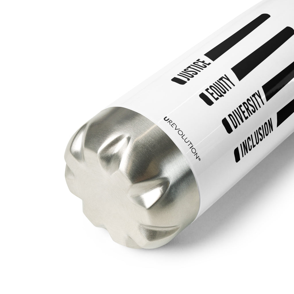 A close up of the stainless steel bottom a justice water bottle with four stylized horizontal black laser swords. Embedded in each laser sword handle is one word: justice, equity, diversity, and inclusion in black upper case letters.of 