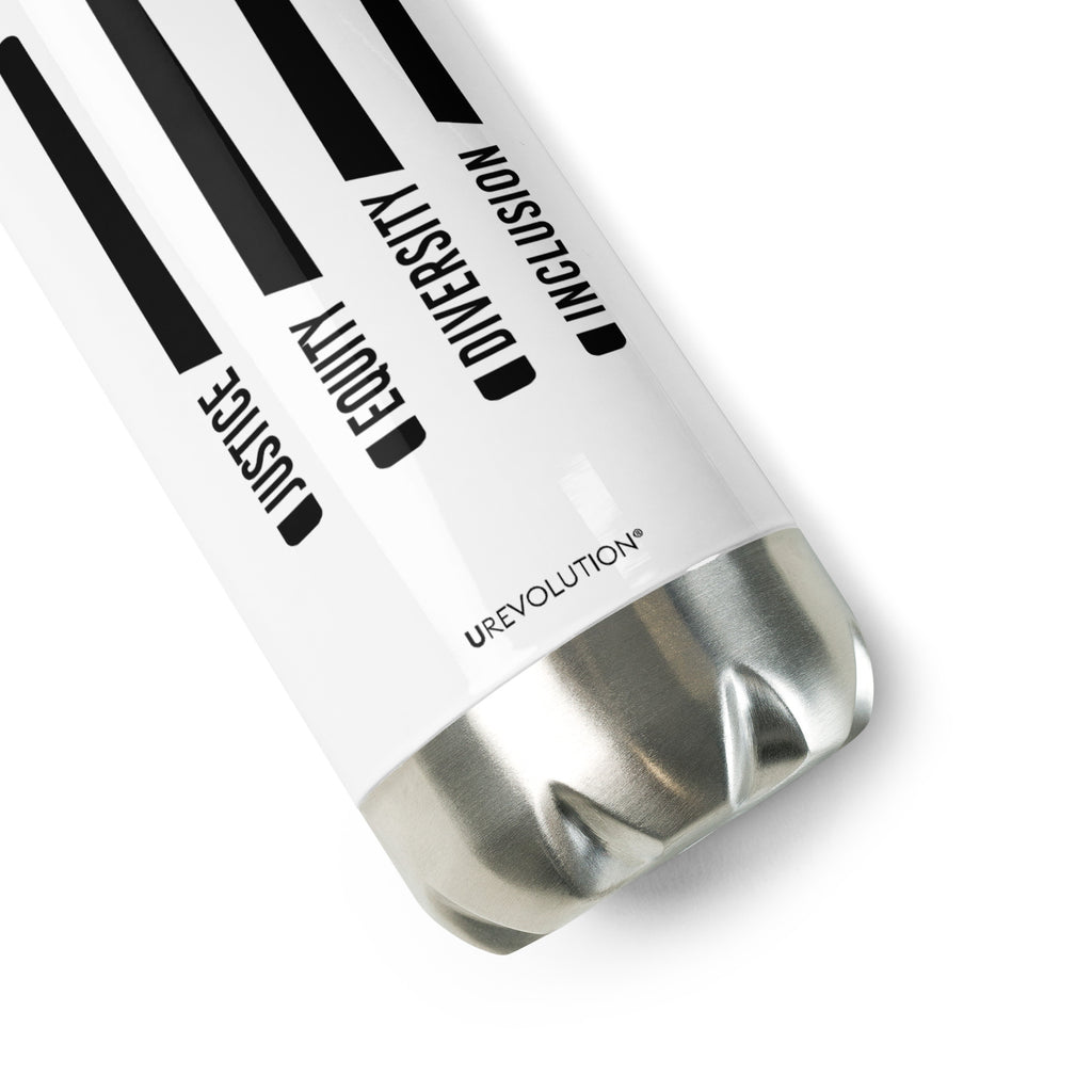 a justice water bottle with four stylized horizontal black laser swords. Embedded in each laser sword handle is one word: justice, equity, diversity, and inclusion in black upper case letters.