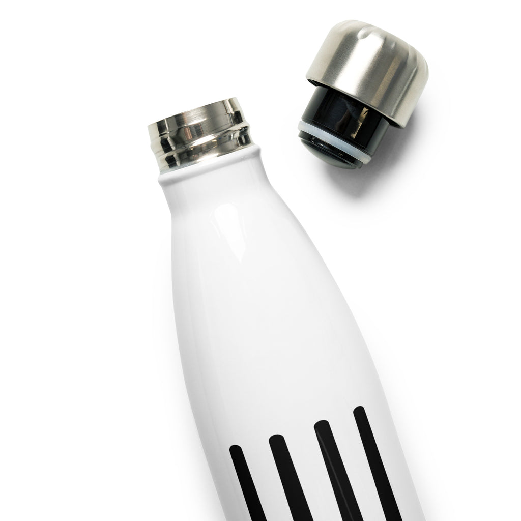 A close up of the neck and cap of a justice water bottle with four stylized horizontal black laser swords. Embedded in each laser sword handle is one word: justice, equity, diversity, and inclusion in black upper case letters.