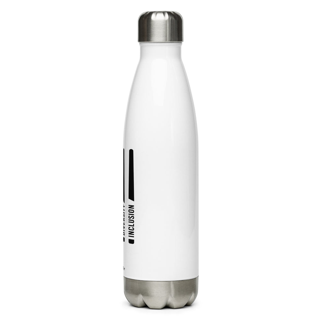 justice equity diversity inclusion J.E.D.I water bottle with four stylized horizontal black laser swords. In each laser sword handle, one word is embedded: justice, equity, diversity, and inclusion in black upper case letters.